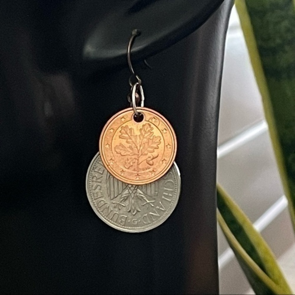 2/$29 Handmade Repurposed Metal Mashup Coin Earrings 1.75” Upcycled NWT Money